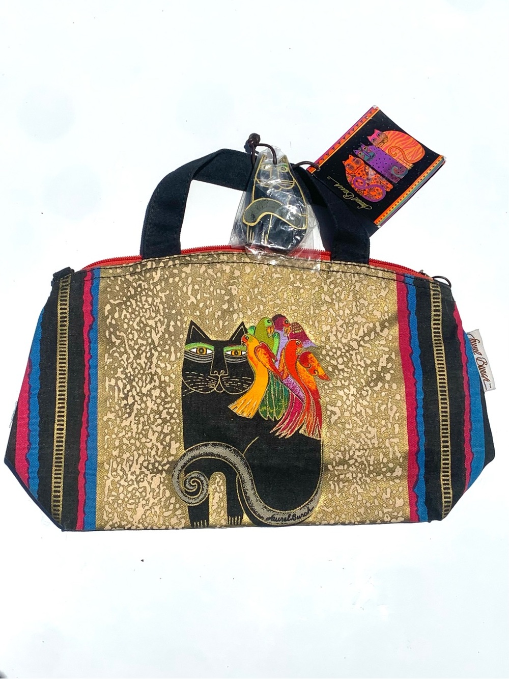 NWT Vintage Laurel Burch Handbag Black Cat with Parrots Includes Wood Charm